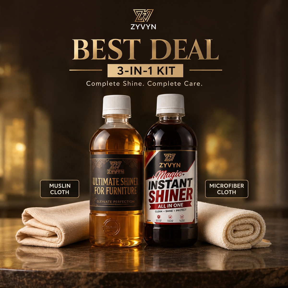 Trusto-mart 3-in-1 Premium Shine Kit | Ultimate Furniture Shiner + Instant All-in-One Shiner + Premium Cleaning Cloths